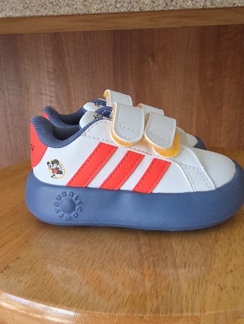 Disney Mickey Adidas Kids White Sneakers with Coral Stripes and Navy Platform